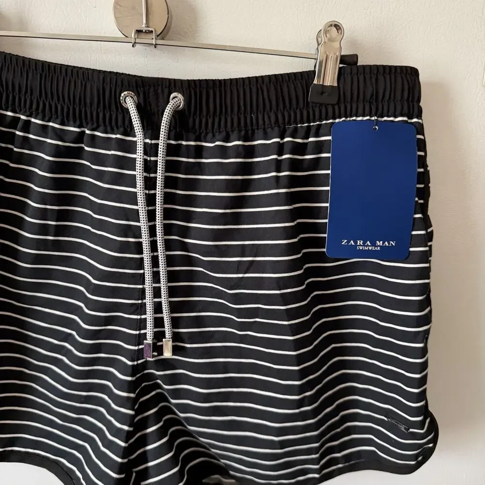 NWT Zara MAN Mens XL Swim Shorts Trunks Black White Stripe Lined Pocket Bottom
